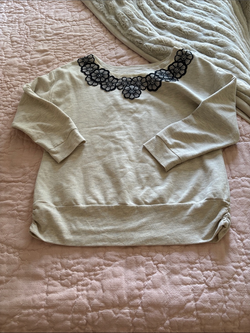Women's Cream Crewneck Sweater with Black Floral Appliqué